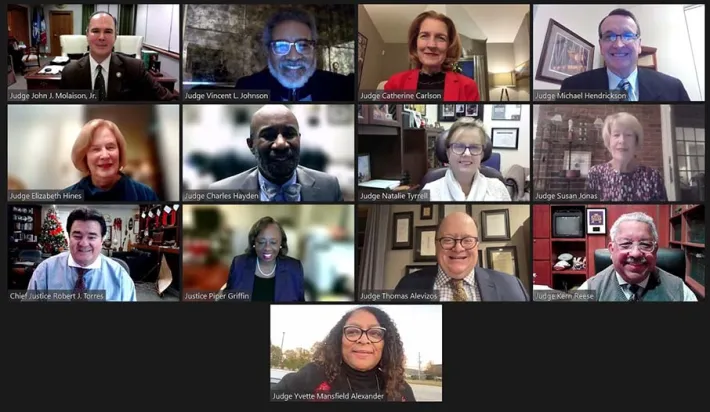 Virtual meeting of judges and justice professionals.
